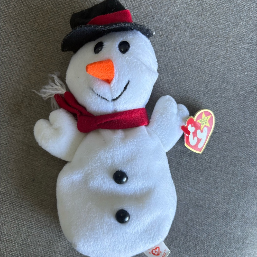 Ty Snowman Plush Toy - White, Black, and Red- Snowball (PVC Pellets) 1996